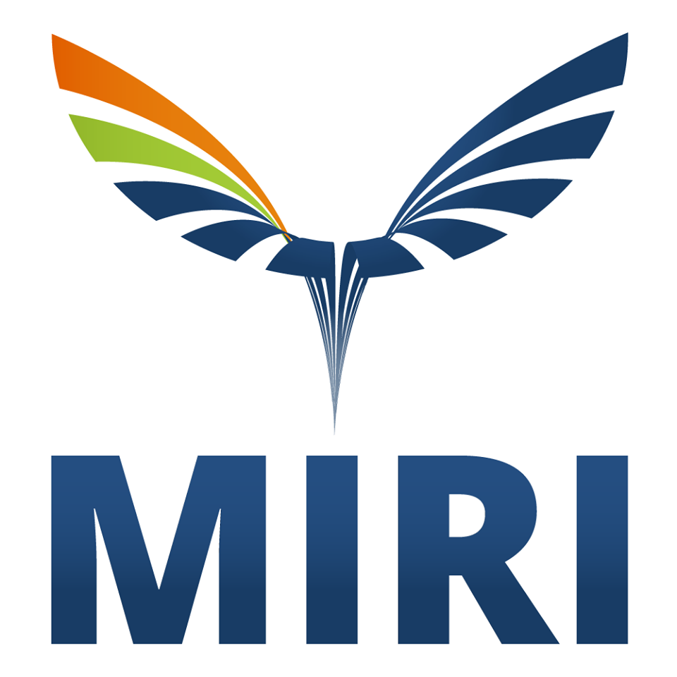 the logo of the Machine Intelligence Research Institute. Ten stripes rise from a point at the bottom center; their width and spacing increases as one moves up along them. The perspective suggests they turn outward, facing the viewer, forming a semicircular shape. The leftmost one is orange, the second one is green, the rest are blue. Below the stripes is the acronym 'MIRI' in capital blue letters.